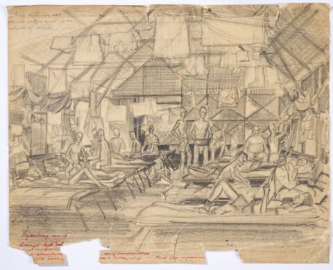 Sketch of Dysentery hut, Kranji  POW camp Singapore, 1945 by WG Norways